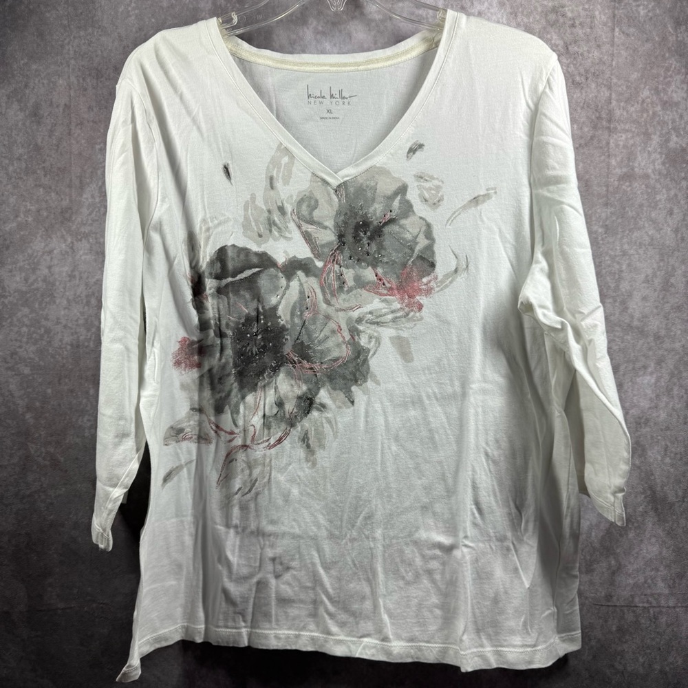 ❄️Nichole Miller New York Women’s XL White Print Long Sleeve‎ Top